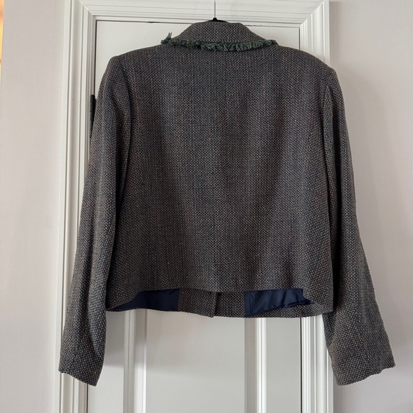 Vintage 90s Silk Cropped Blazer Jacket Fringe Collar Boxy Grandma Chic Large - Picture 5 of 7